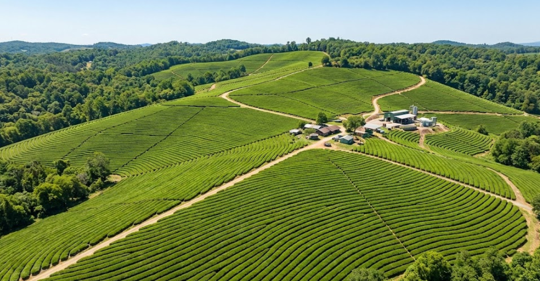 A panoramic view of vast, green tea fields in Guizhou, China, under a clear sky.