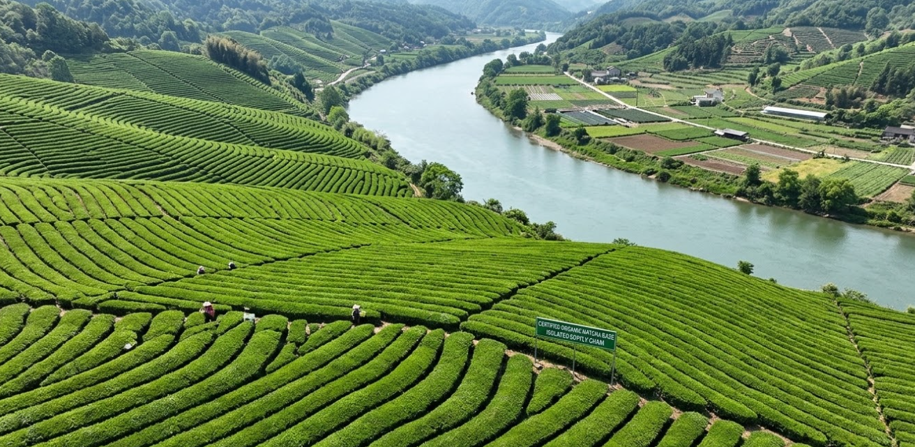 A close-up of a hand pulling a weed in a tea field