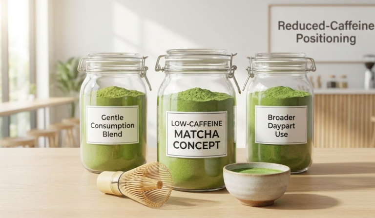 Low-caffeine functional matcha concepts in jars, highlighting gentle consumption and broader daypart use positioning.