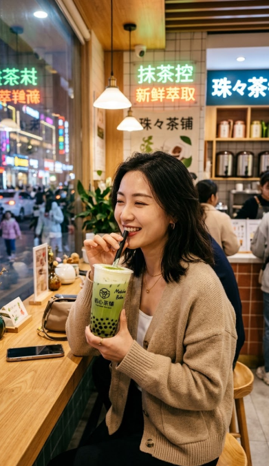 Smiling woman drinking matcha bubble tea by a window seat in a busy tea shop, with neon Chinese signs glowing in the background.