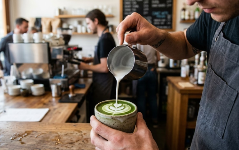 Iced matcha latte served in a cafe for milk-based drink applications