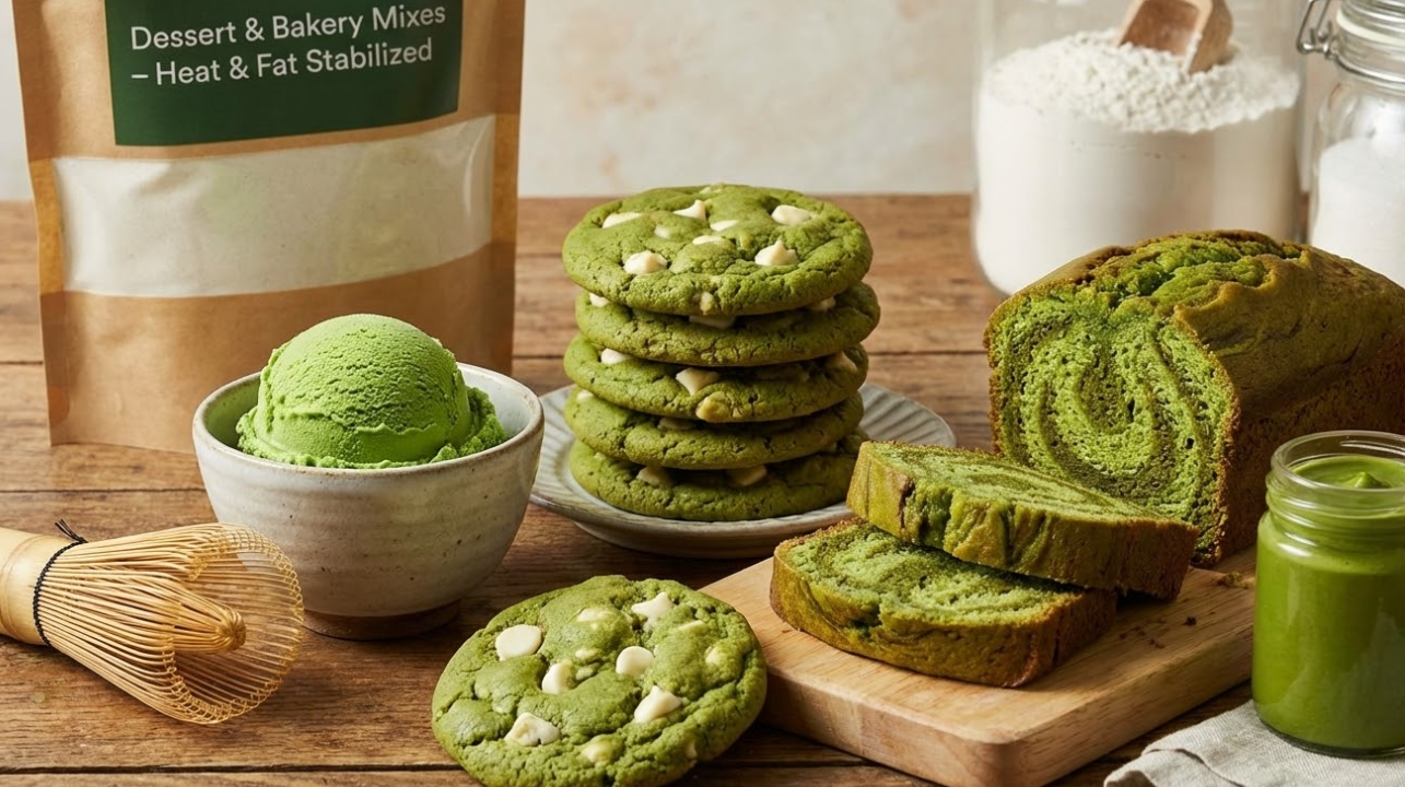 Assortment of matcha desserts including cookies, swirl cake, and ice cream next to a Heat & Fat Stabilized Bakery Mix bag.