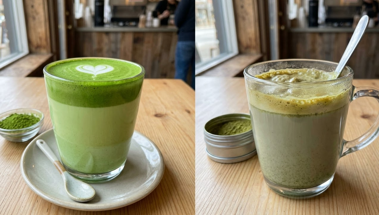 A side-by-side comparison of a vibrant green matcha latte and a muddy one