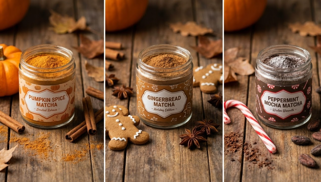 Seasonal flavored matcha powder jars including Pumpkin Spice, Gingerbread, and Peppermint Mocha.