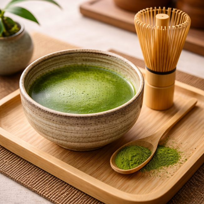 Ceremonial matcha tea bowl with bamboo whisk and green tea powder