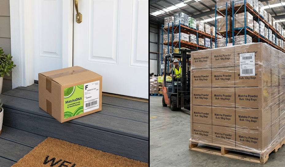 a small box of matcha delivered to a doorstep and a large pallet in a warehouse