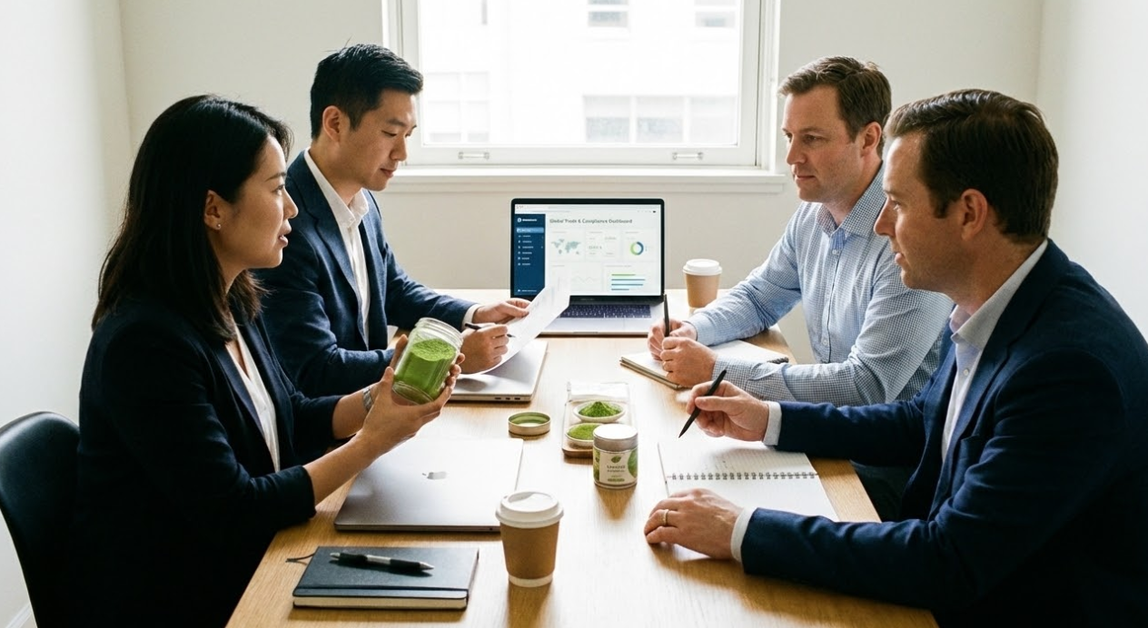 International business meeting with four professionals discussing matcha products and global trade.