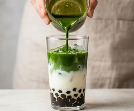 Matcha poured over milk and tapioca pearls in a glass to make layered iced matcha bubble tea.