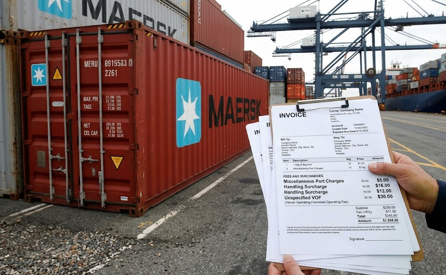a shipping container at a port with invoice papers showing hidden fees