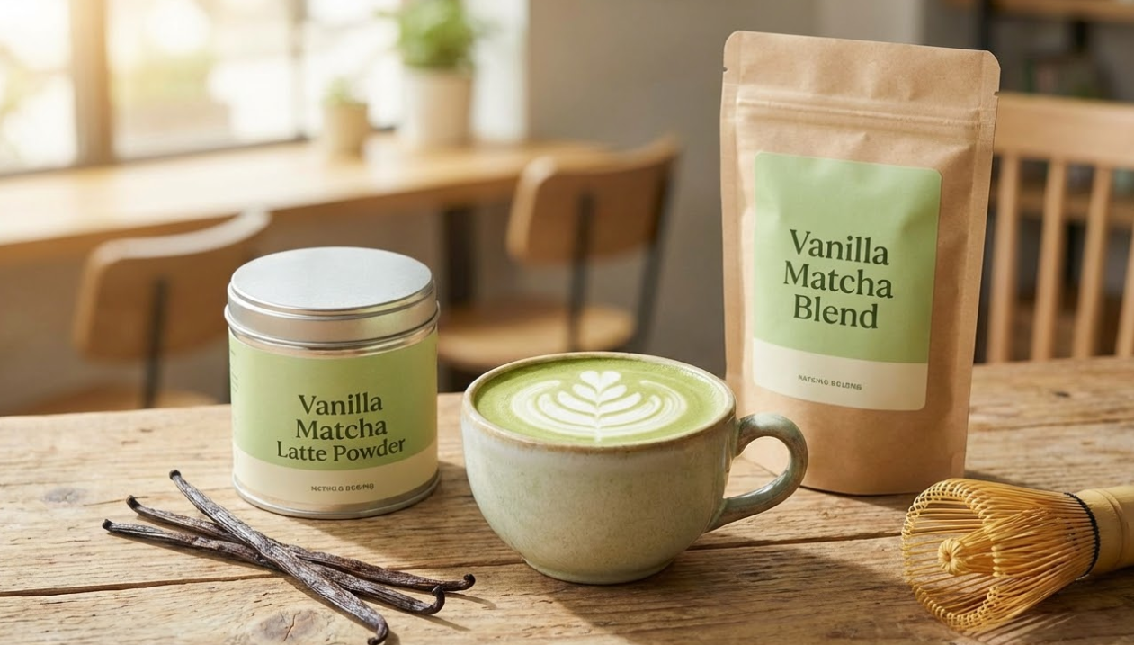 Vanilla matcha latte with latte art, alongside a powder tin and retail bag in a cafe setting.