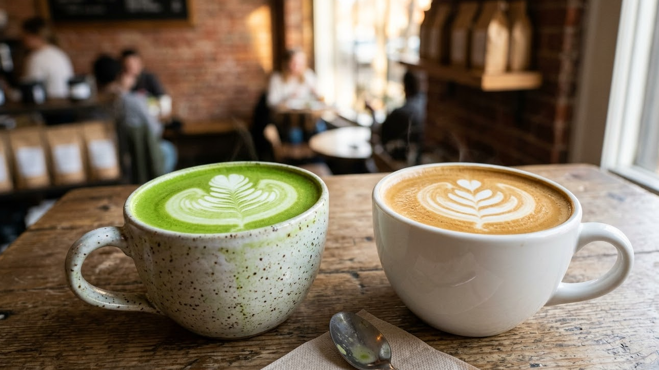 A vibrant green matcha latte next to a plain coffee latte