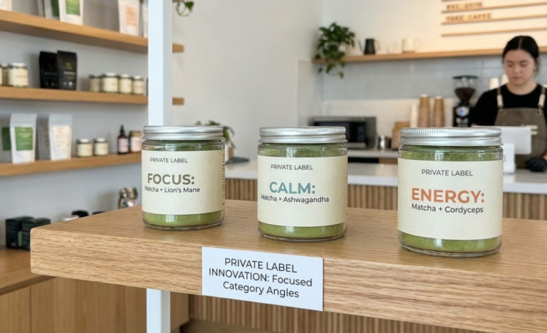Private label functional matcha jars with Lion's Mane (Focus), Ashwagandha (Calm), and Cordyceps (Energy) on a cafe shelf.
