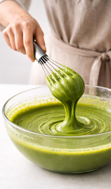 Baker whisking vibrant matcha batter in a glass mixing bowl on a clean white countertop