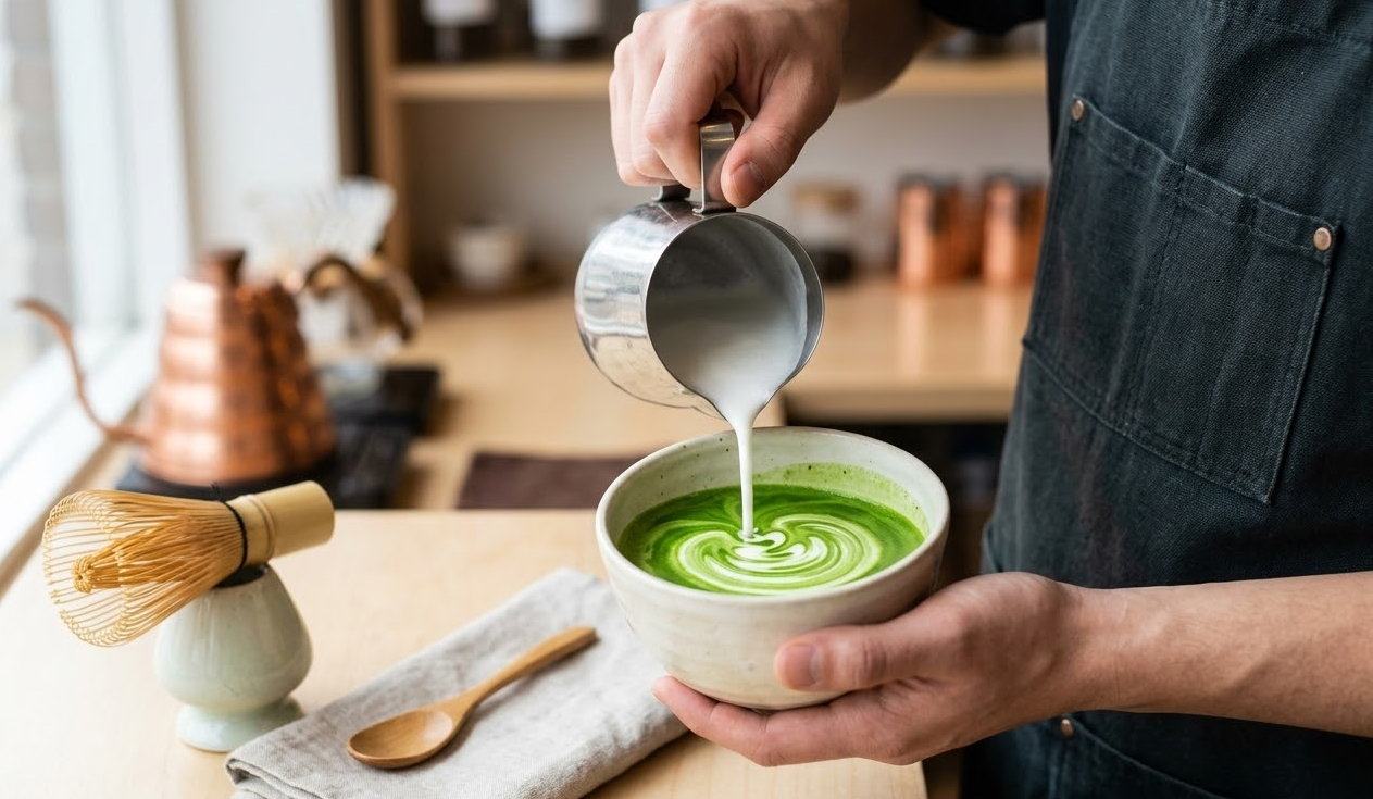A close-up of a high-quality matcha latte being prepared by a barista.
