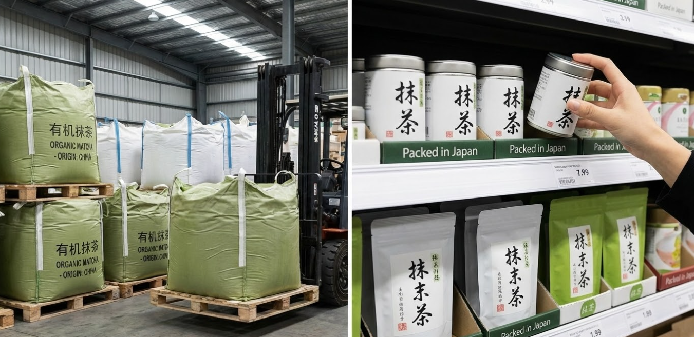 Matcha tins with Japanese labels on a supermarket shelf