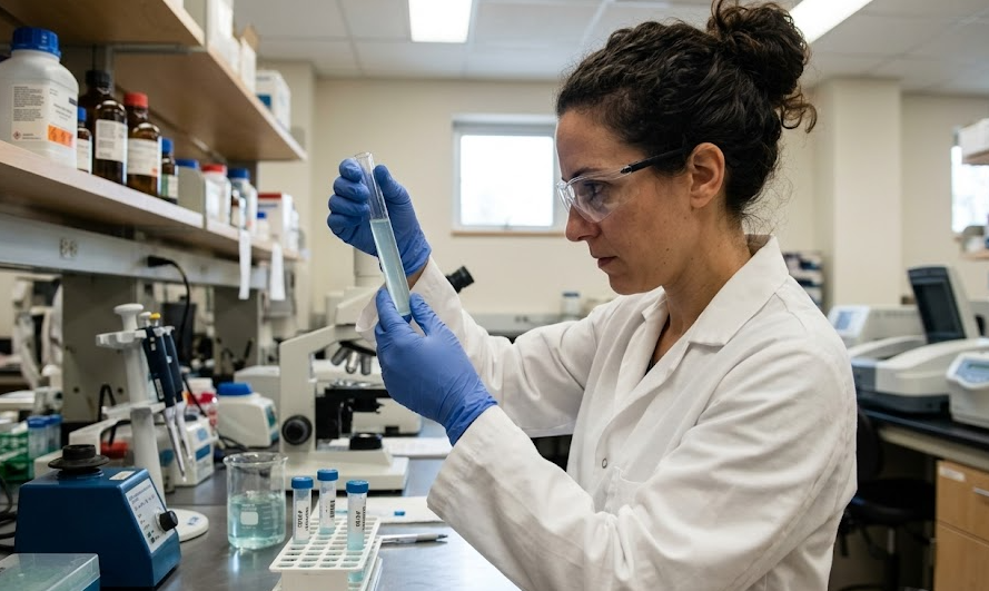 A scientist in a lab coat examining a test tube