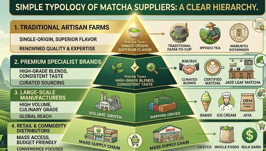 a tiered pyramid showing different types of matcha suppliers