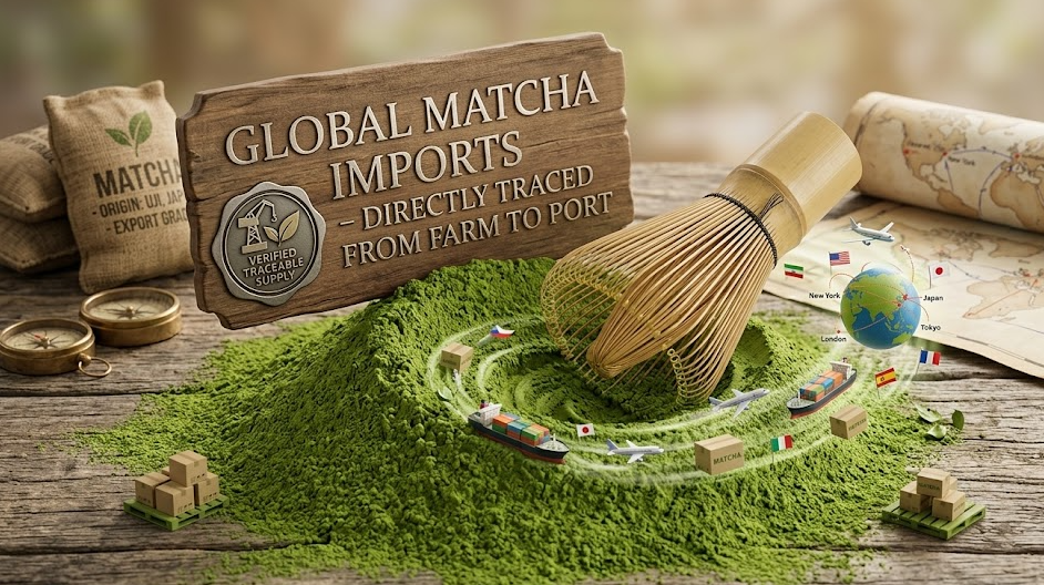 A pile of matcha powder with a whisk, symbolizing the matcha importing business