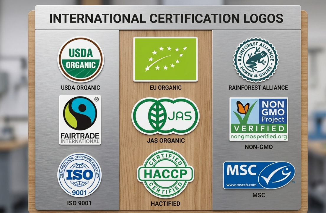 A collection of certification logos like EU Organic, JAS, and HACCP.