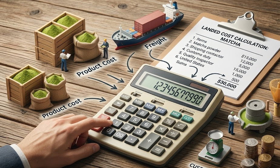 A calculator and shipping container, representing landed cost calculation for matcha