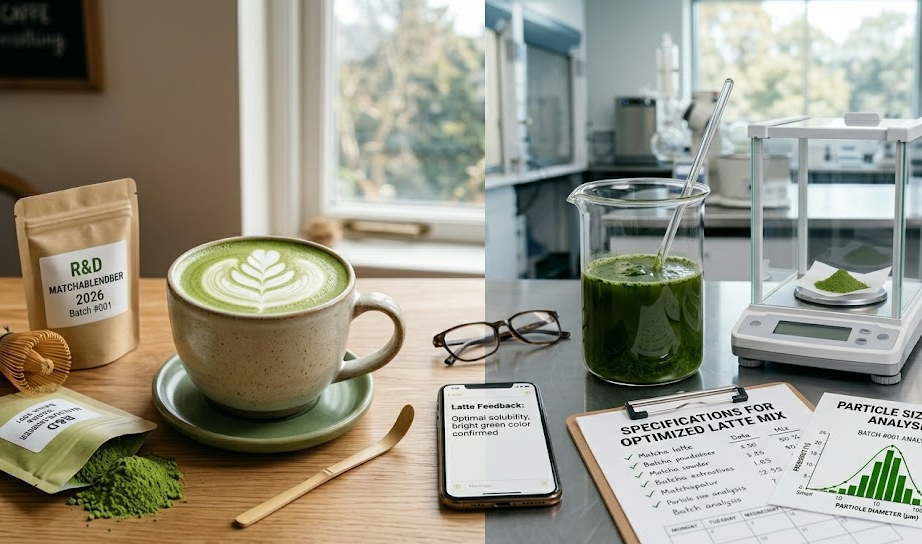 A matcha latte next to a lab beaker, illustrating the link between science and application