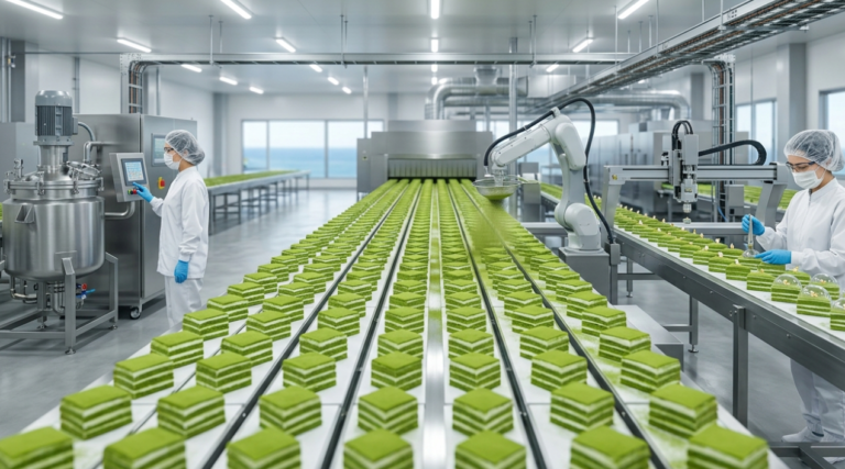 Rows of consistent matcha desserts in a factory setting