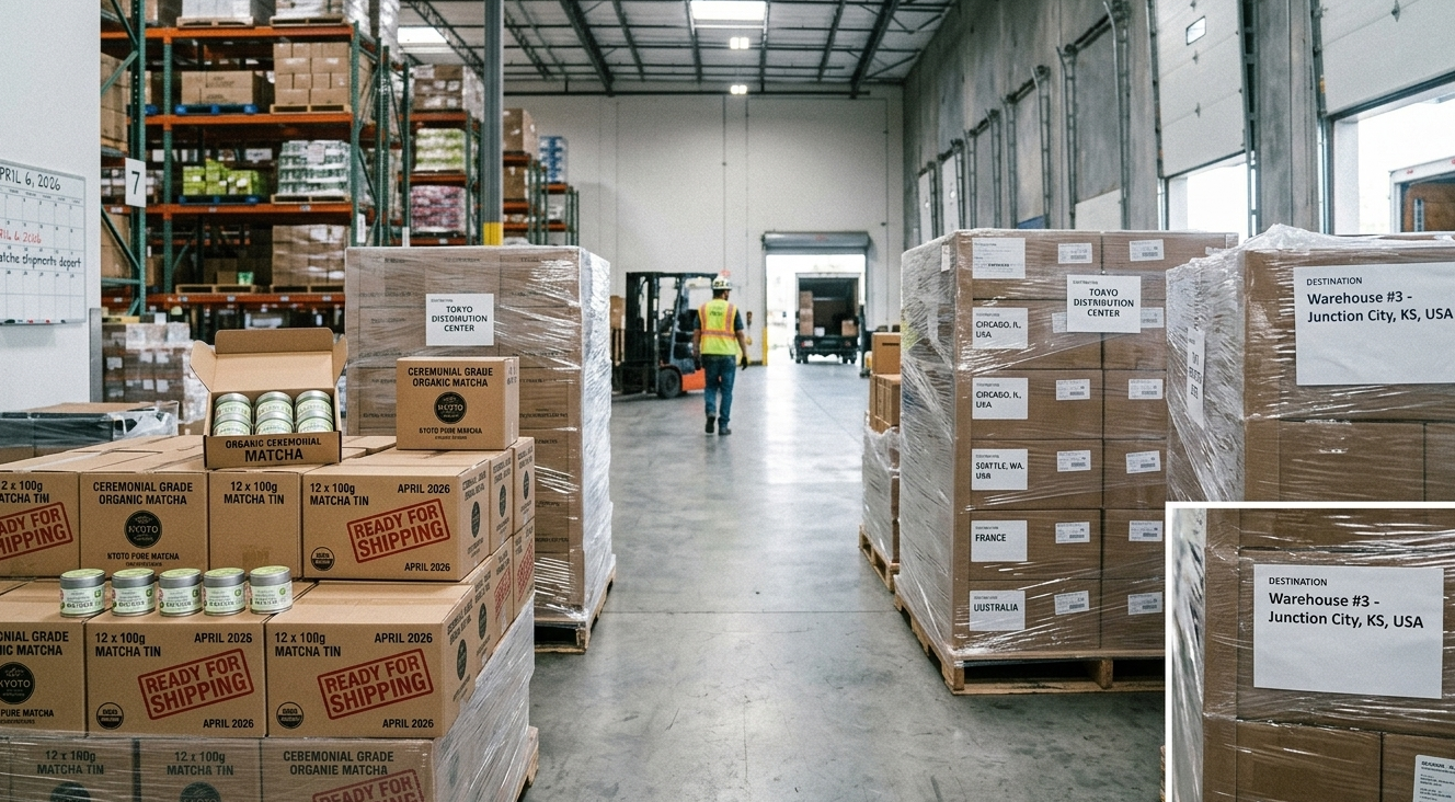 packaged matcha products ready for shipping in a warehouse