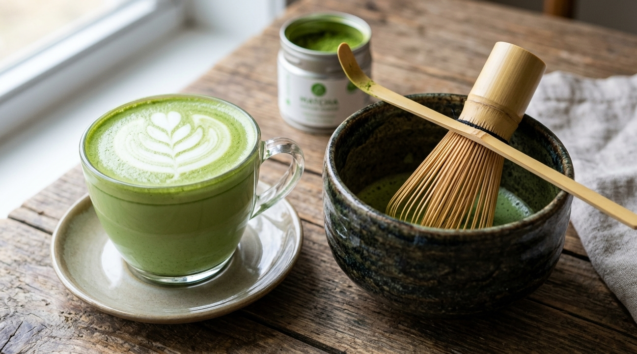 A bright green matcha latte next to a ceremonial matcha bowl
