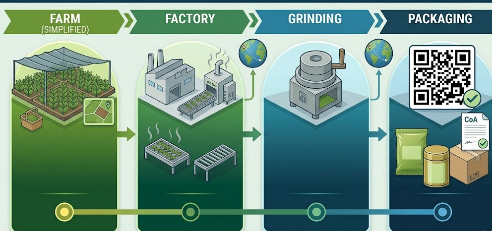 A flowchart showing the batch-level traceability process from tea leaf to packaged matcha.