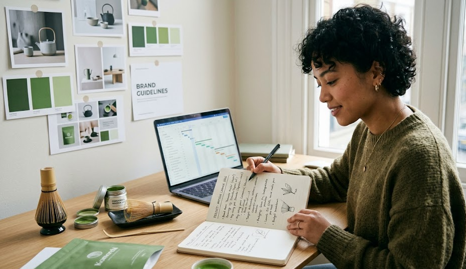 A person at a desk with a notepad, planning a matcha brand launch