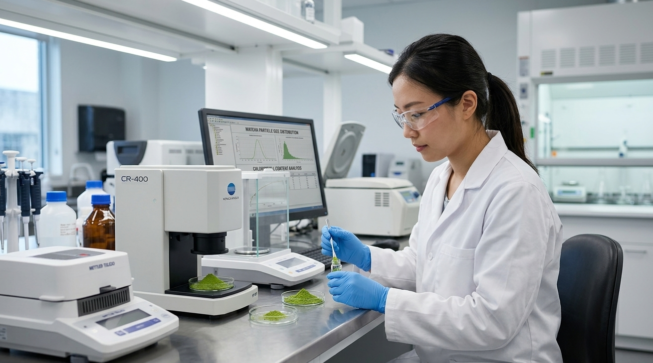 A person inspecting matcha powder with a magnifying glass next to a data sheet