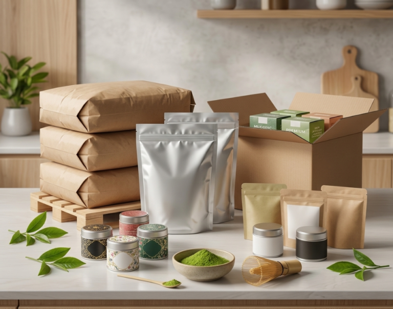 Private label matcha packaging formats including tins, pouches and bulk cartons