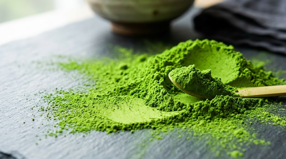 A close-up of commercial matcha powder showing its fine texture and vibrant green color