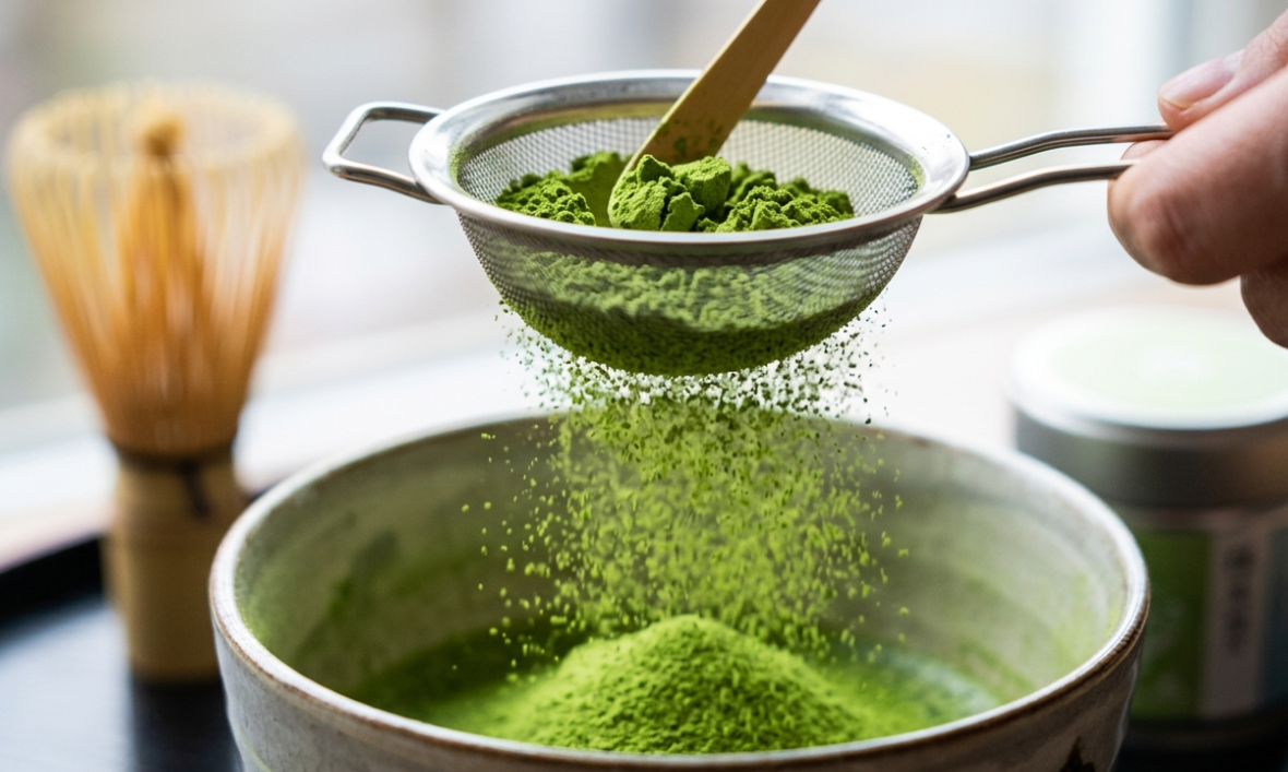 A close-up of matcha powder being sifted, highlighting its fine texture and color.