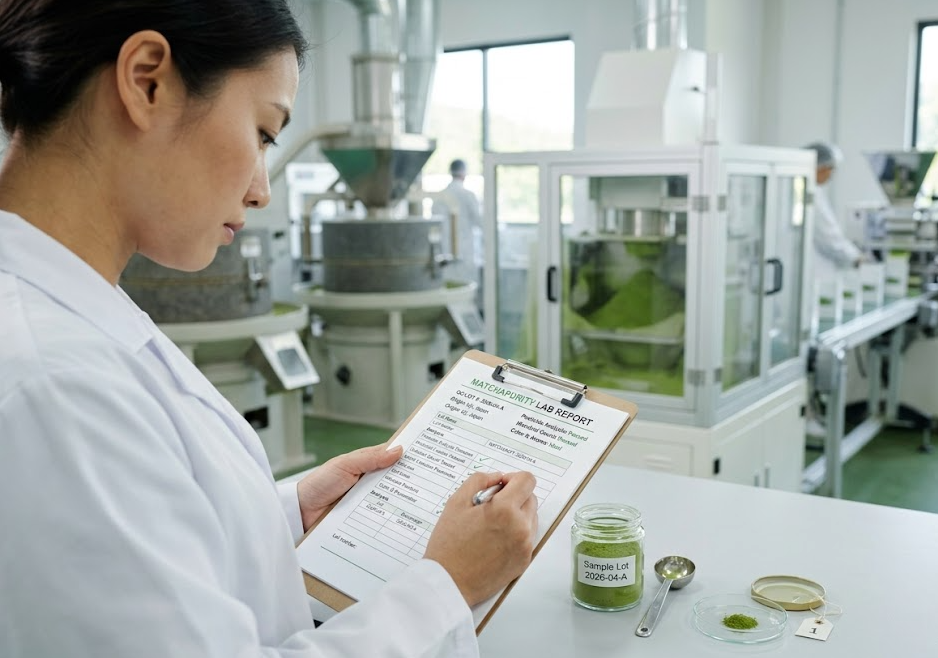 An image of a quality control specialist in a lab coat inspecting matcha documents on a clipboard, with factory equipment in the background.