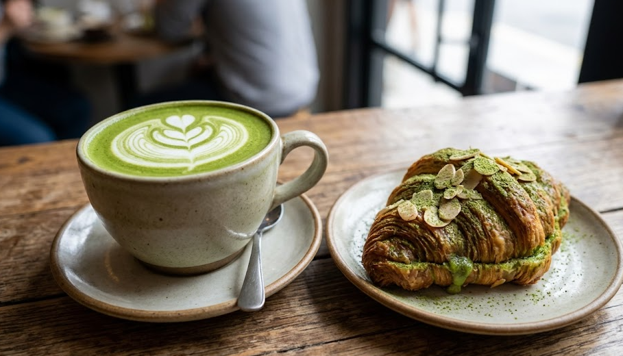 A vibrant green matcha latte and a matcha-flavored croissant