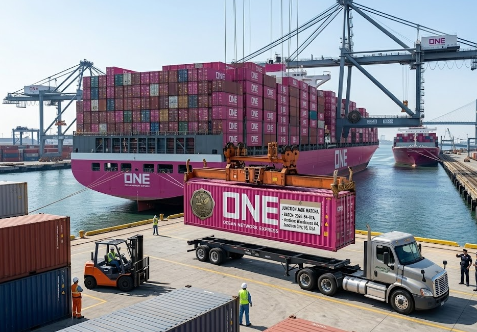 A container ship at a port for international shipping