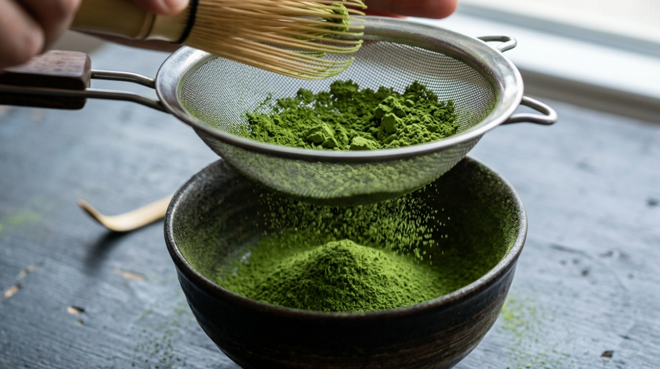 A close-up shot of fine matcha powder being sifted