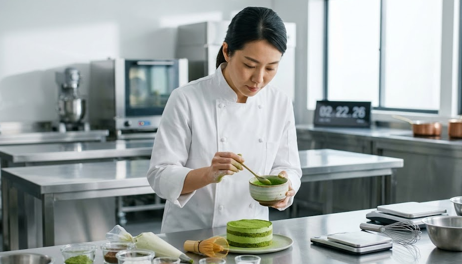 A chef testing a matcha sample in a kitchen application