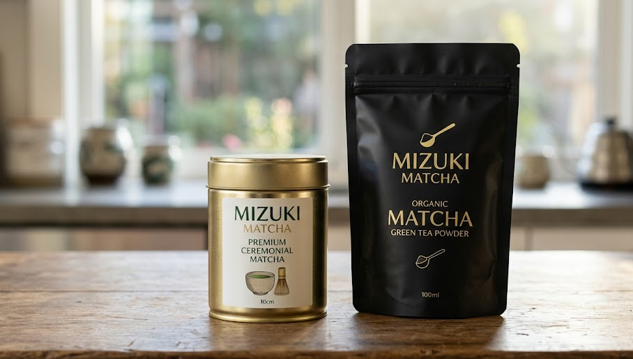 A premium matcha tin can next to a resealable stand-up pouch