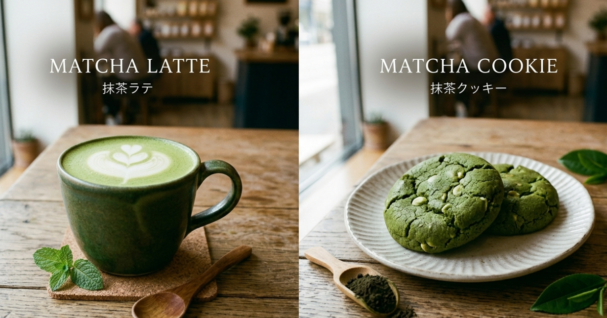Side-by-side comparison of a matcha latte and a matcha cookie, showing different green shades.