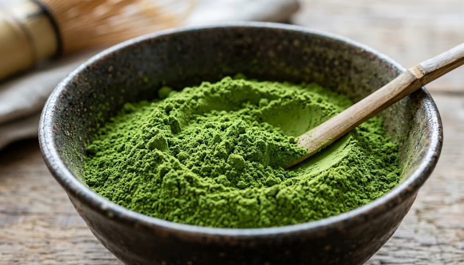 A close-up of vibrant green matcha powder in a bowl, showing its fine texture.