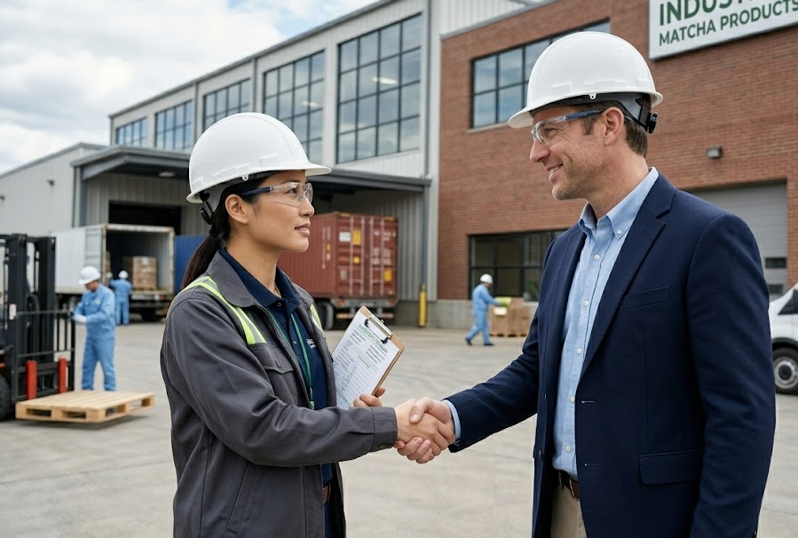 A handshake between a supplier and a client in front of a factory
