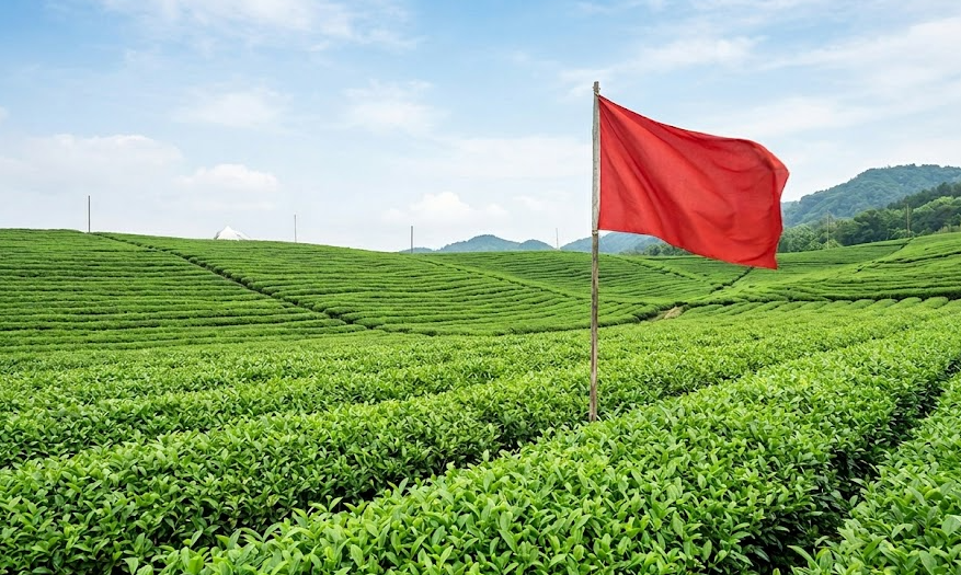 A red flag waving in a field of green tea plants