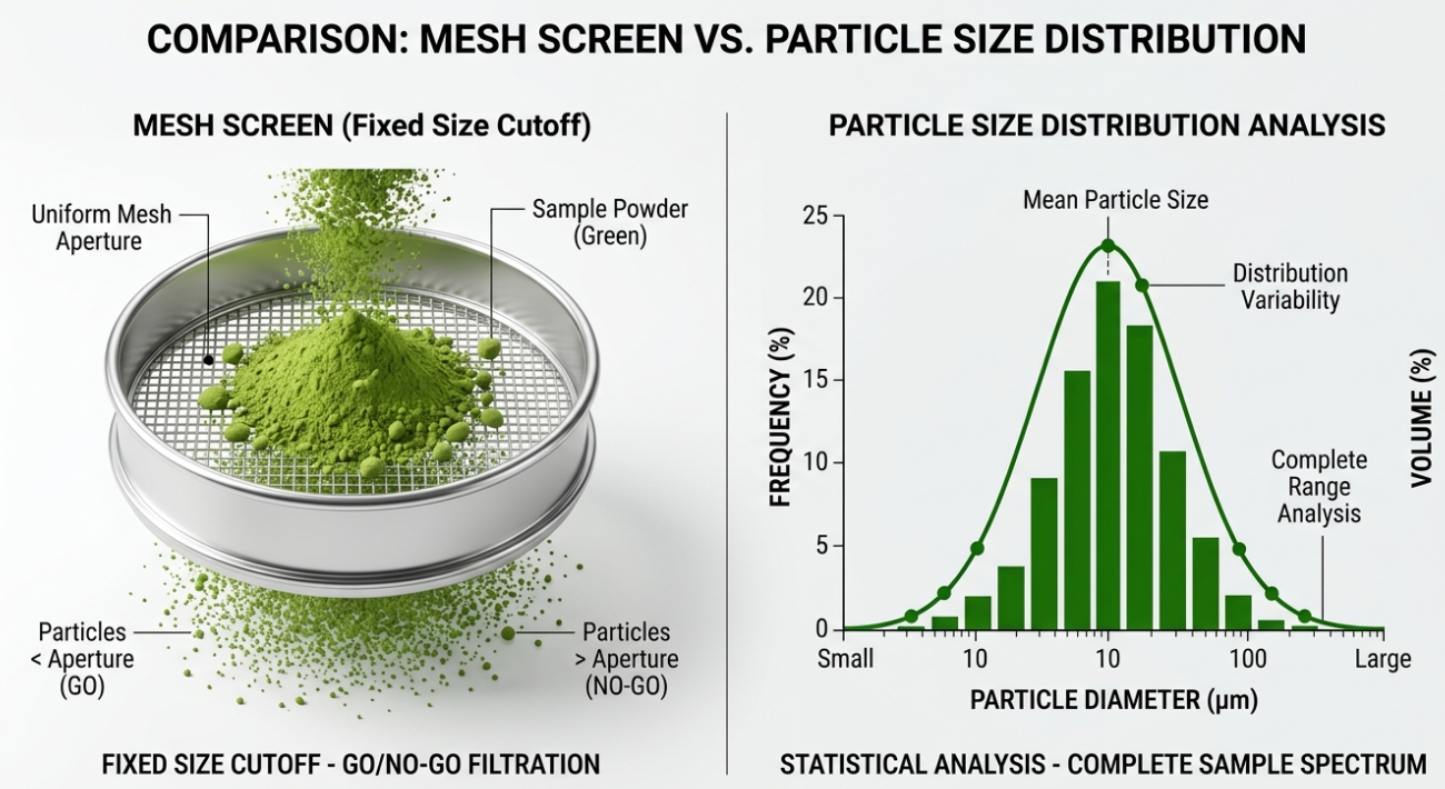 Diagram showing the difference between a mesh screen and particle size distribution