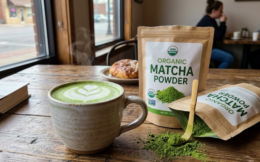 A cup of matcha latte next to a bag of organic matcha powder