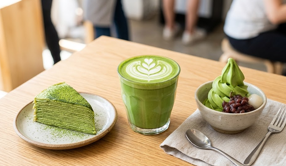Different matcha applications like latte, cake, and ice cream