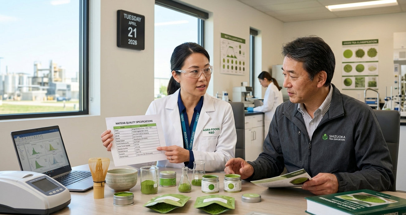 A food scientist discussing specifications with a matcha supplier