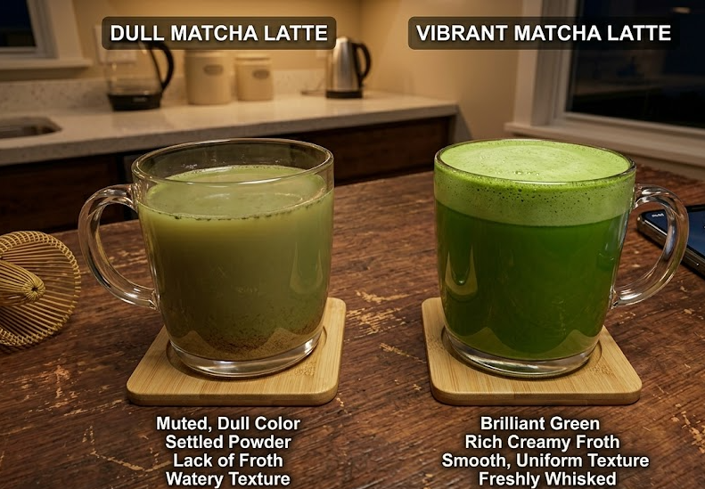 a side-by-side comparison of dull vs vibrant matcha lattes