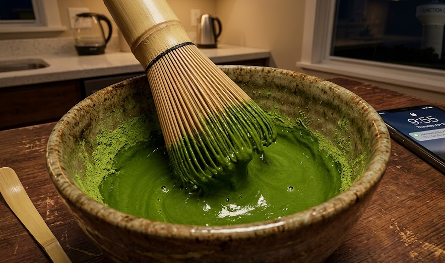 matcha powder being whisked into a paste